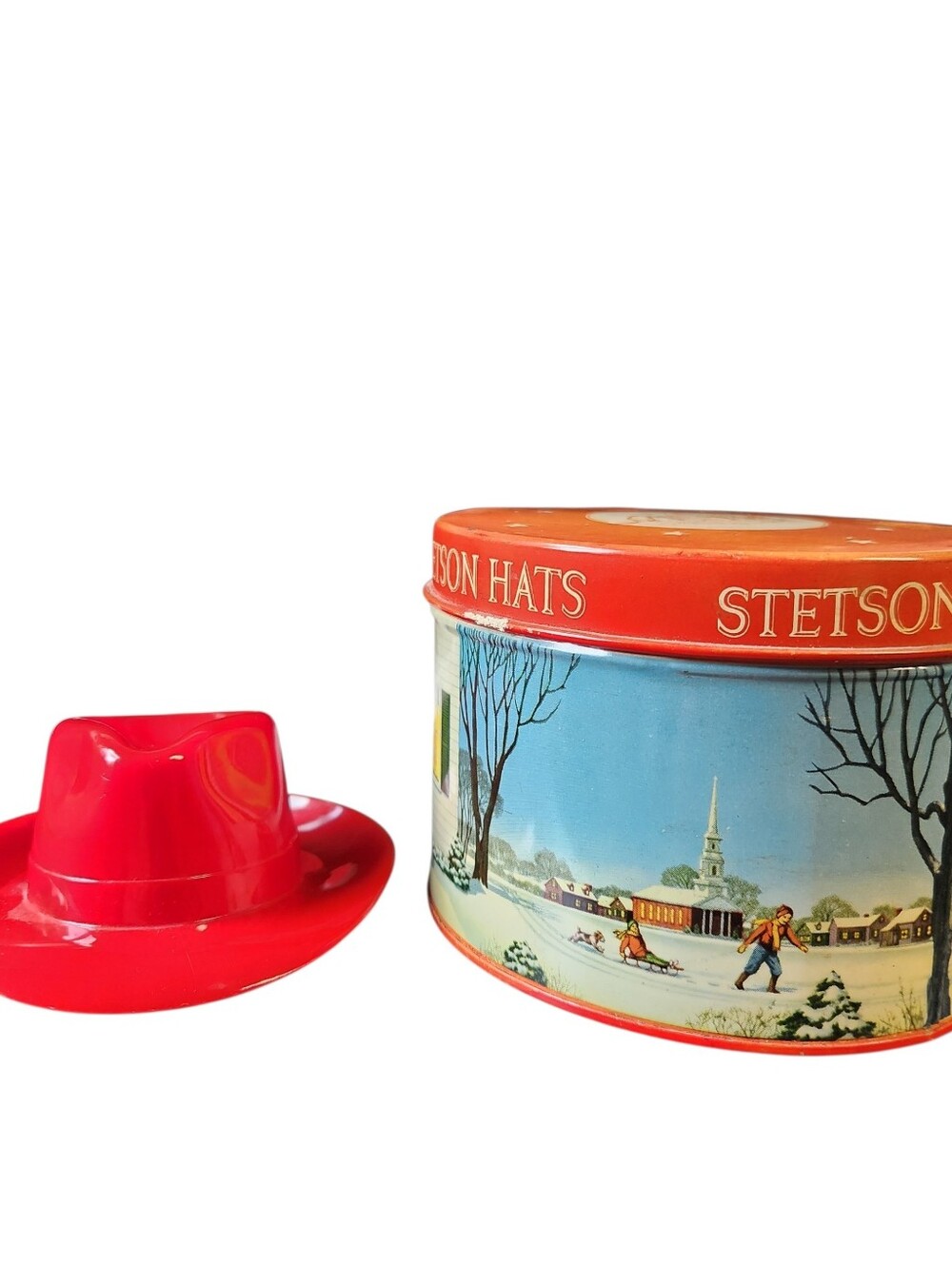 Vintage Stetson Hats Christmas Advertising Tin Box Red Plastic Hat Insert